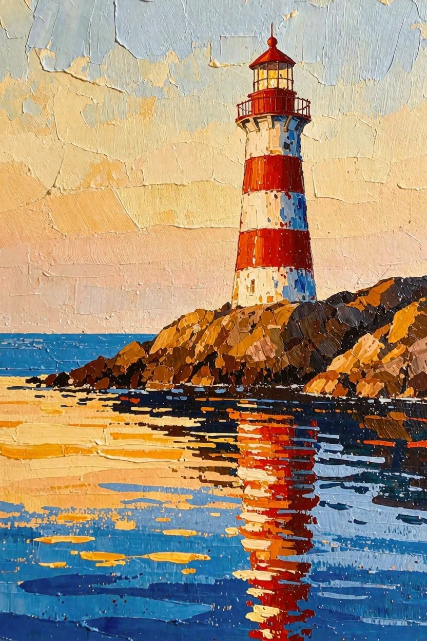 Acrylic painting of red-and-white striped lighthouse on rocks by blue ocean with orange sunset sky and water reflections.