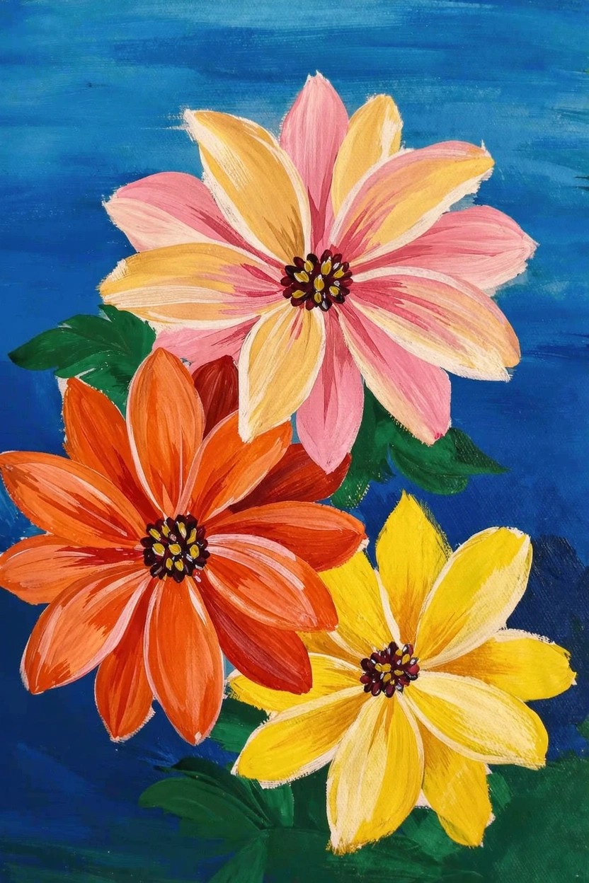 Acrylic painting of clustered daisies in orange, pink, and yellow with black centers, green leaves, and blue background.