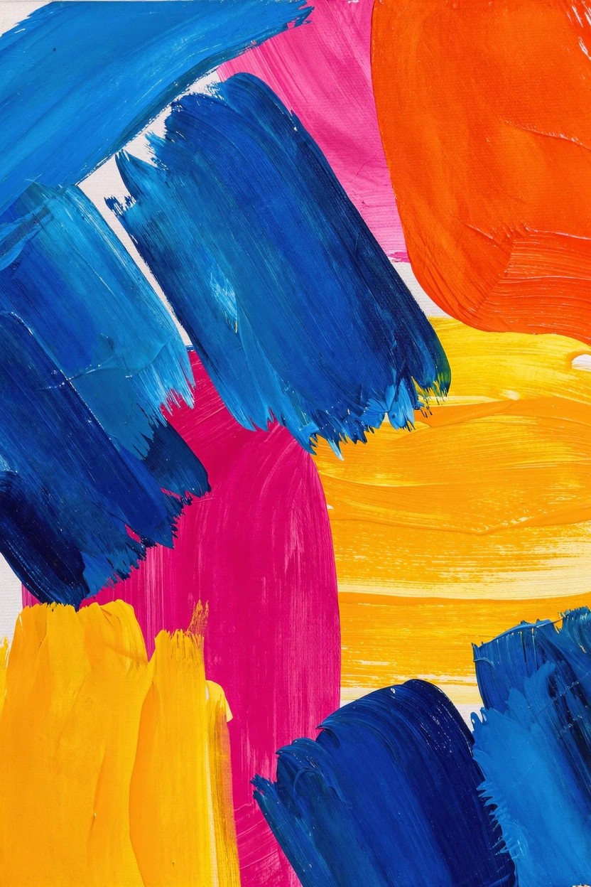 Abstract acrylic painting featuring overlapping irregular blocks of blue, pink, orange, and yellow paint with visible brushstrokes.