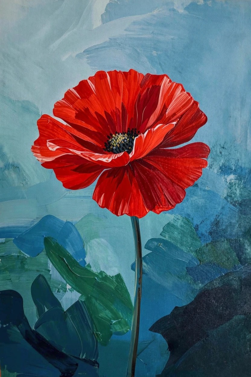 Acrylic painting of a bright red poppy flower with black center, green stem, and leaves on a blue-green abstract background.