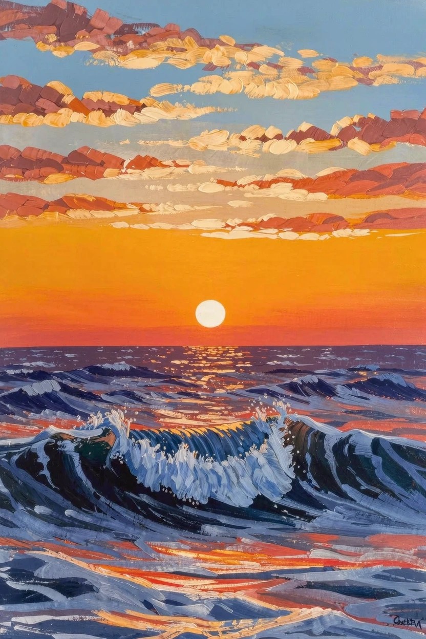 Vibrant acrylic painting of an orange sun setting over the ocean with crashing waves in the foreground.