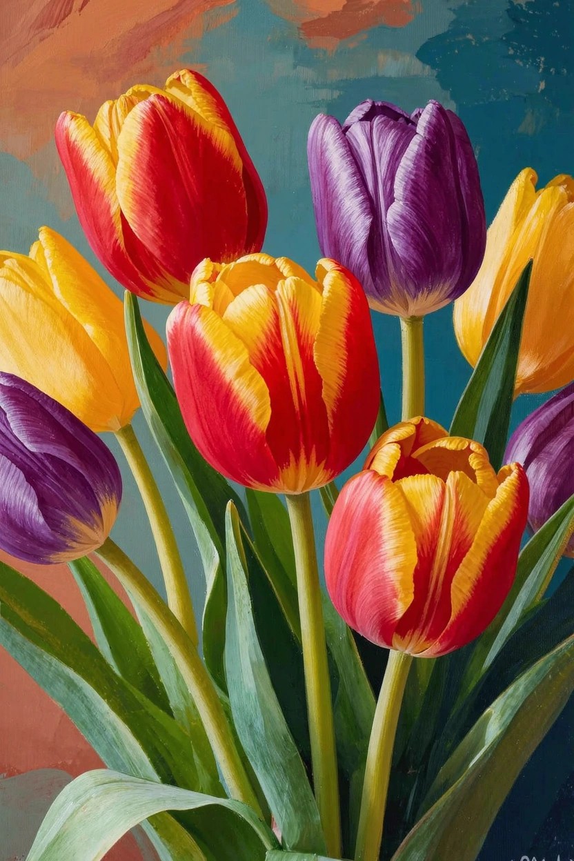 Acrylic painting of a bouquet of red, yellow, purple, and orange tulips with green stems and leaves against a teal background.