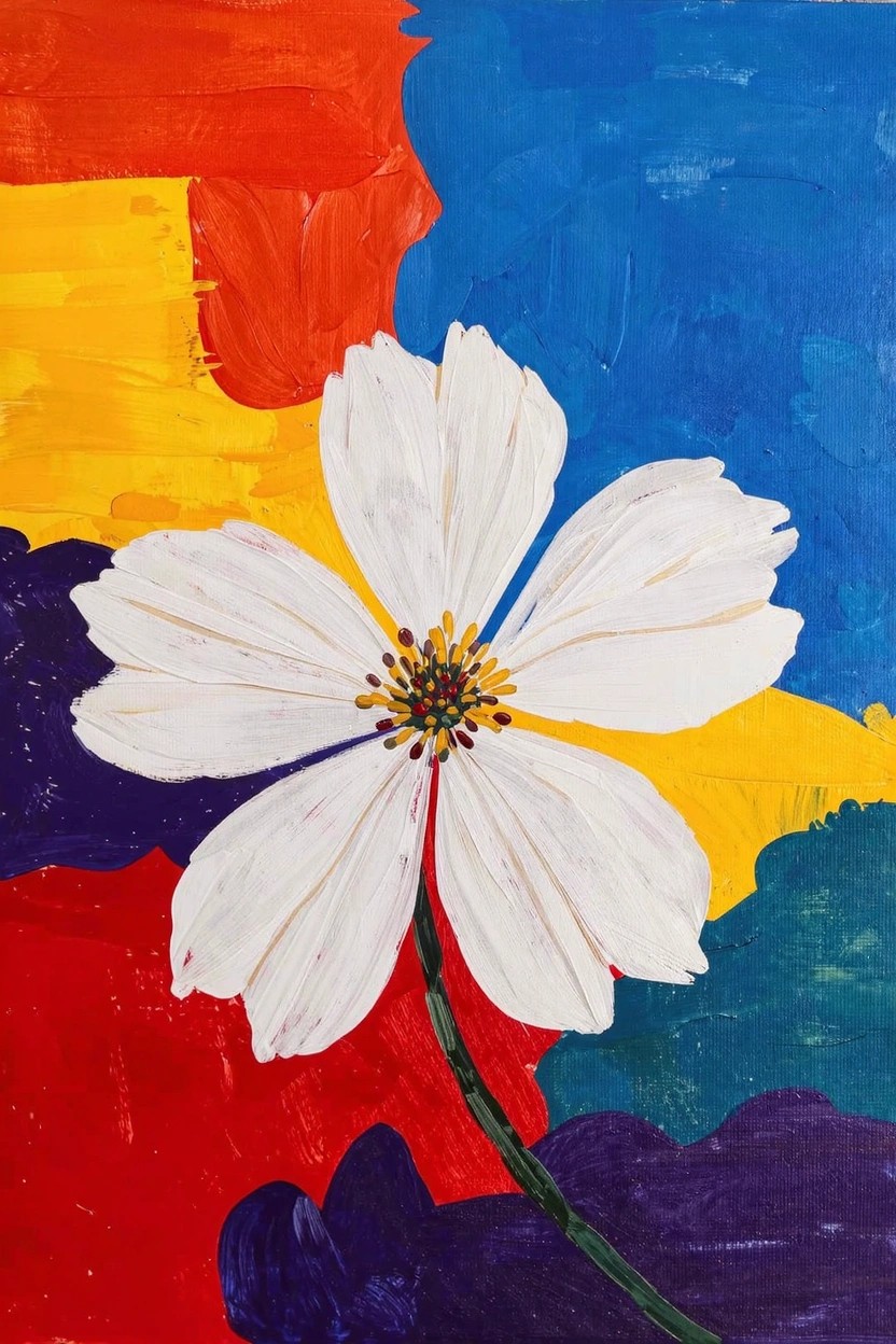 Acrylic painting featuring a white flower with yellow center centered on an abstract background of bold, irregular color blocks in red, orange, yellow, blue, green, and purple.
