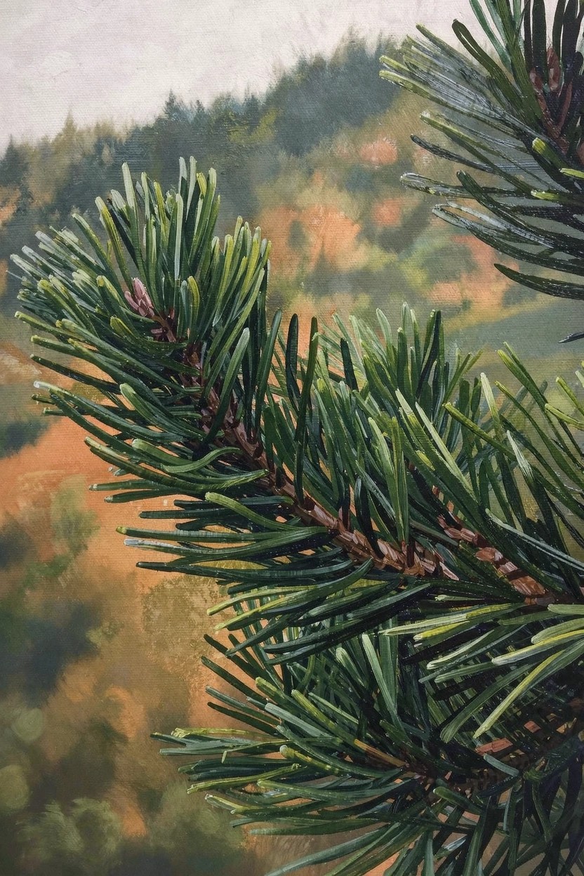 Close-up acrylic painting of a green pine branch with detailed needles against a blurred green forest and orange fall background.