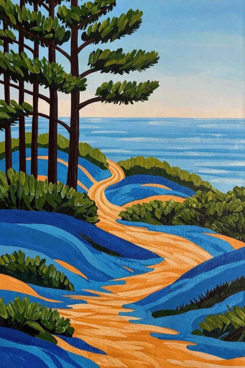 Acrylic painting of dark silhouetted pine trees on blue rolling hills with a winding orange path leading to a blue ocean and sky.