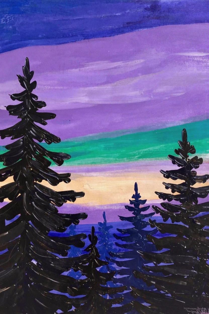 Dark silhouetted pine trees against a vertical gradient sky in purple, green, teal, and yellow acrylic paint.