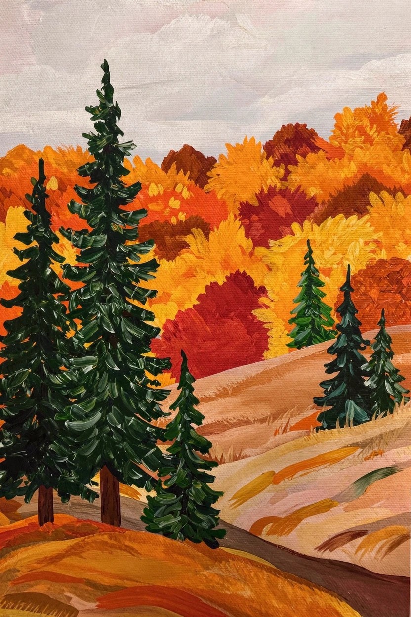 Acrylic painting of clustered dark green pine trees on orange and yellow rolling hills with autumn foliage under a pale cloudy sky.