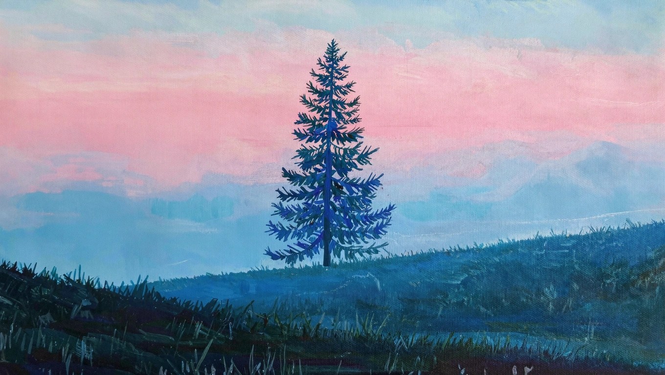 Acrylic painting of two wind-bent green pine trees on grassy hills with layered brown terrain, blue river, distant blue mountains, and pink gradient sky.