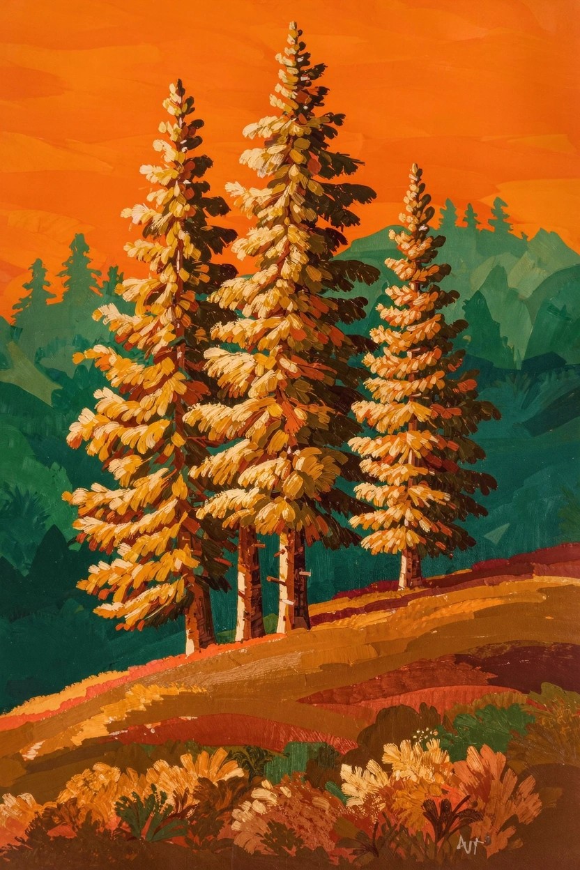 Acrylic painting of three golden pine trees on a hill against an orange sunset sky with green forest in the background.