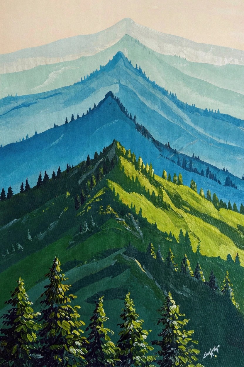 Acrylic painting of layered blue mountains in the background with green hills and dark pine trees in the foreground.