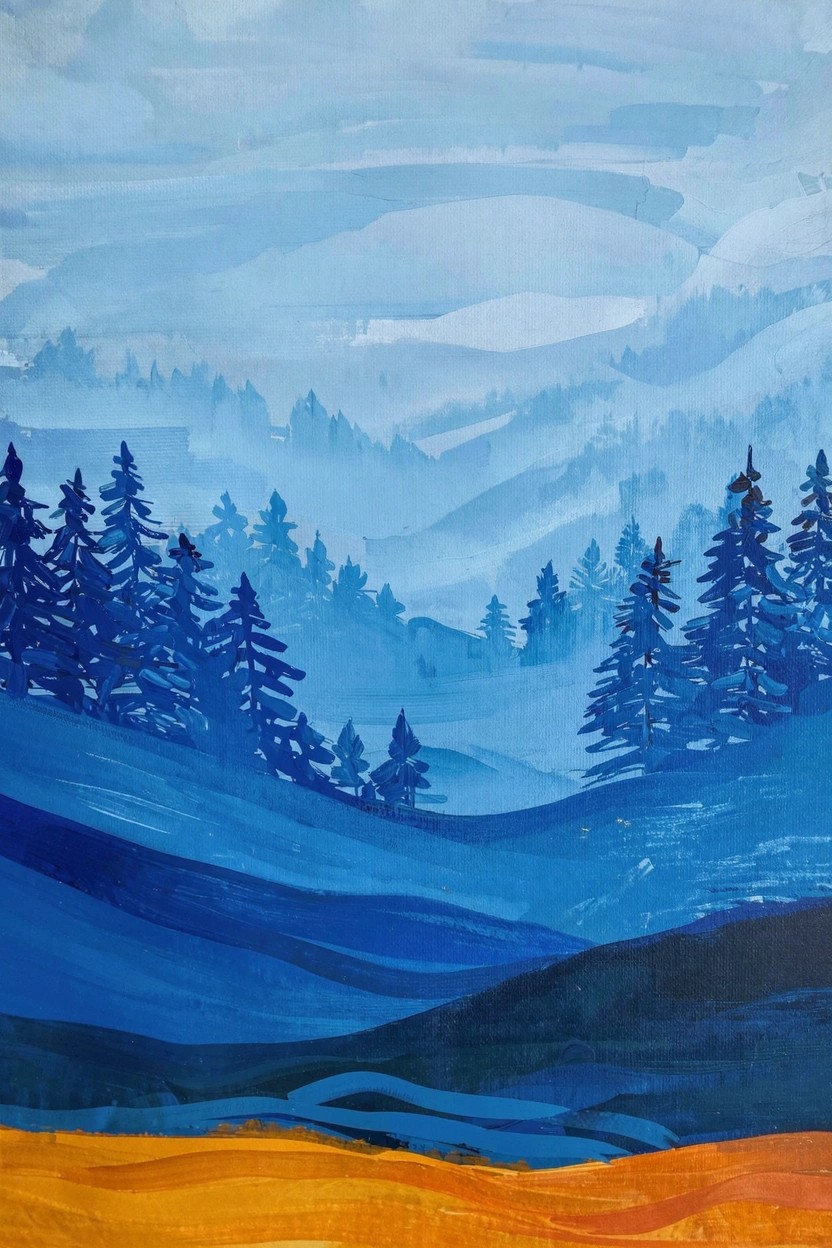 Acrylic painting of layered misty blue mountains with dark blue pine trees in foreground and orange ground at bottom.