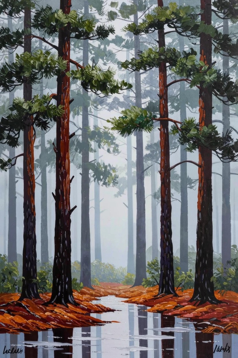 Acrylic painting of tall pine trees with reddish trunks and green branches in a misty forest, framing a path with orange leaves and reflective puddles.