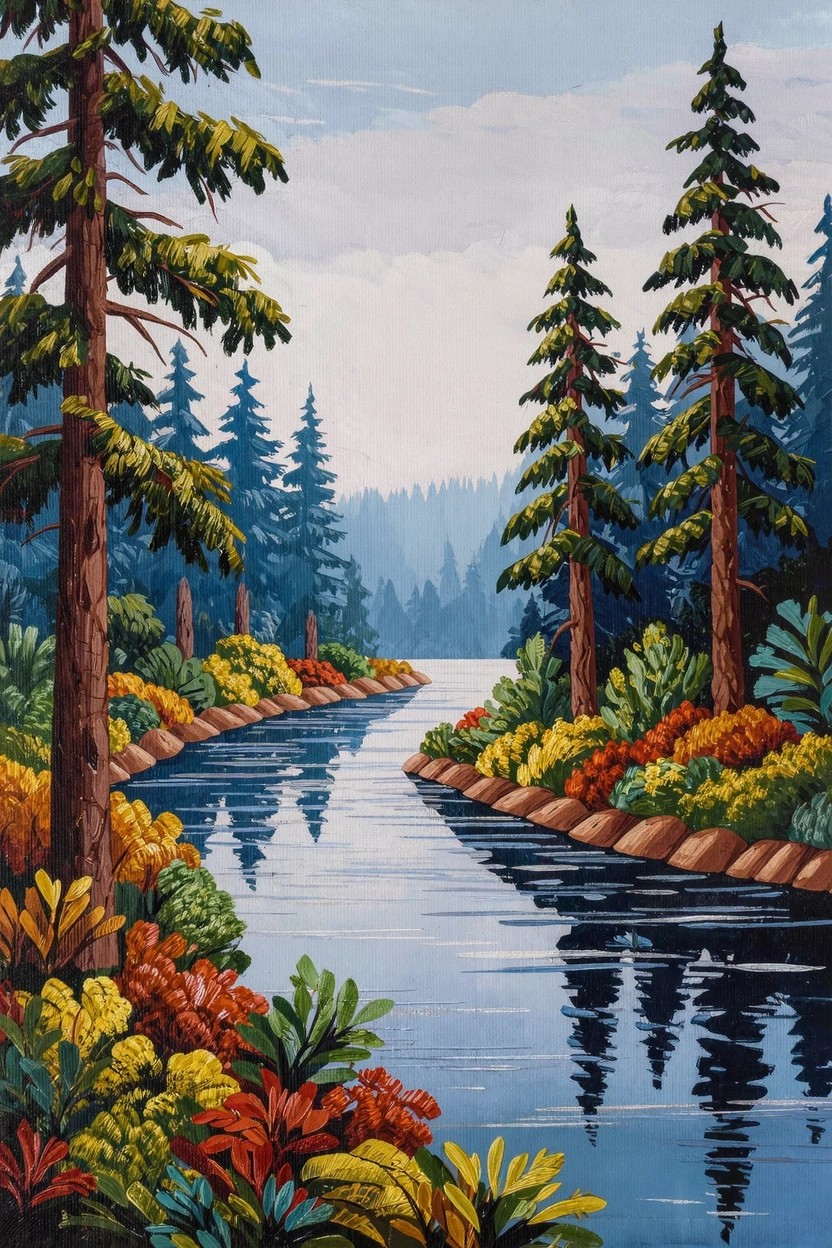 Vertical acrylic landscape of tall pine trees flanking a winding blue river with orange-yellow foliage on rocky banks and tree reflections in the water.