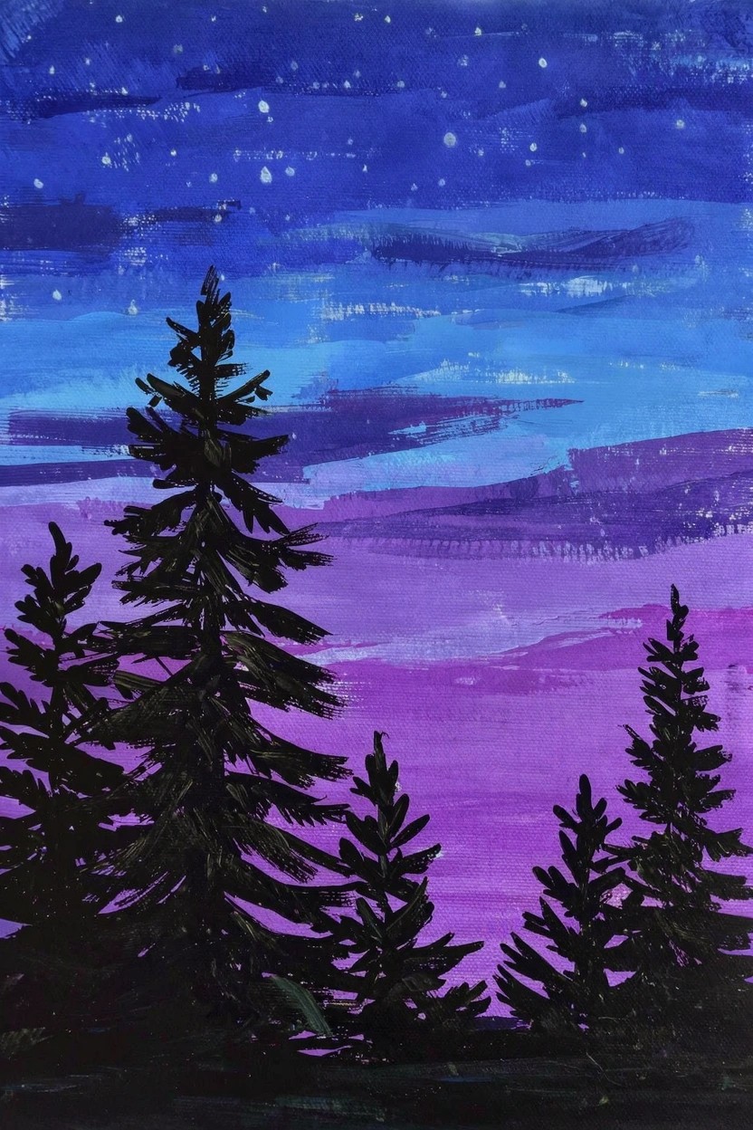 Acrylic painting of dark silhouetted pine trees against a starry sky gradient from deep blue to purple-pink.