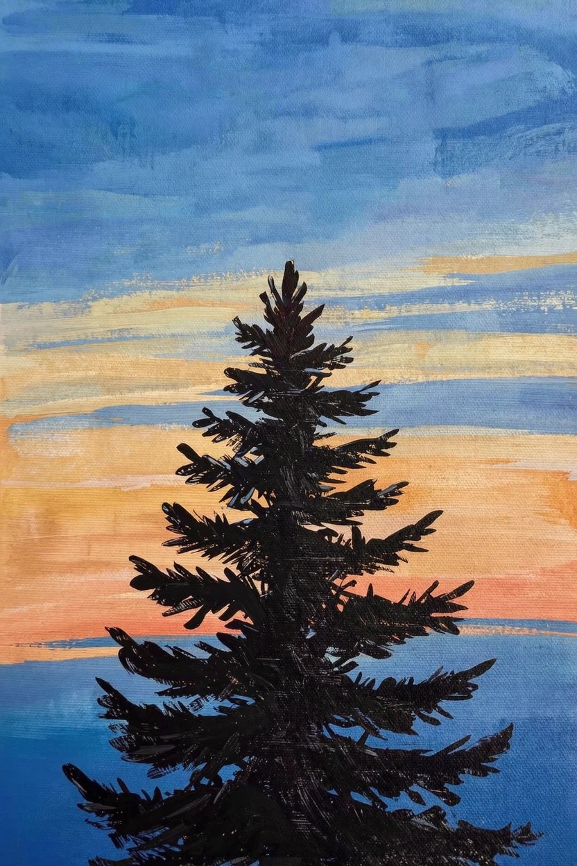 Black silhouette of a pine tree centered against a blue-to-orange gradient sunset sky.