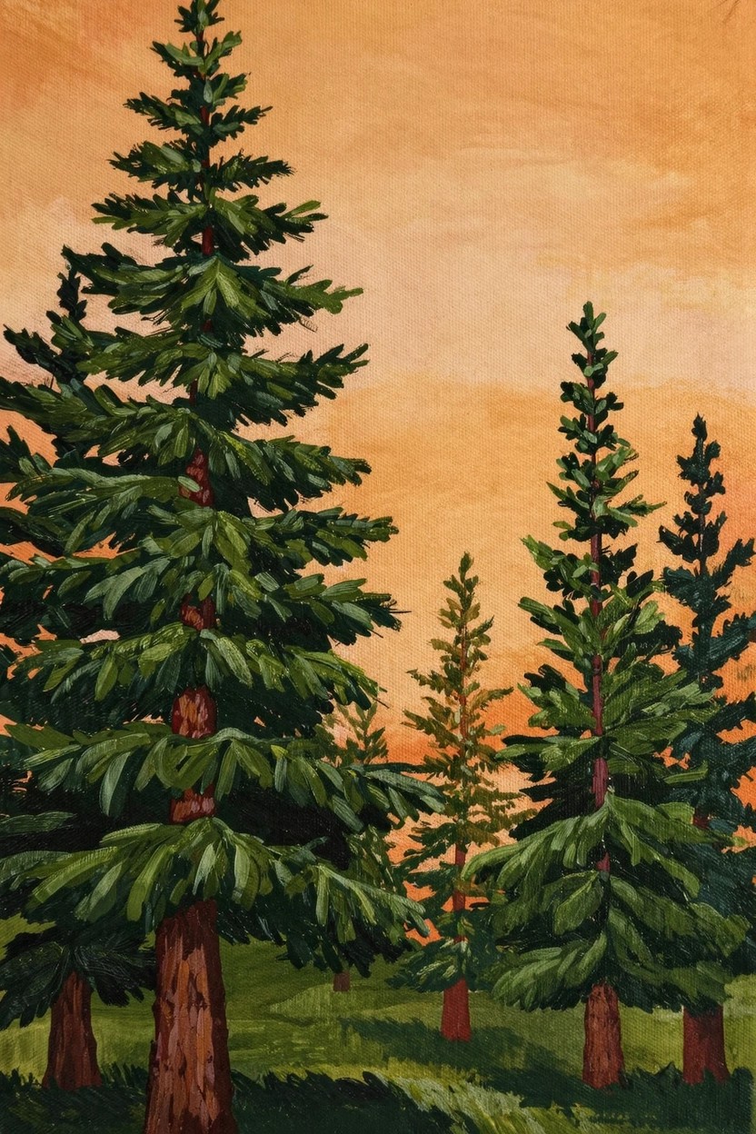 Acrylic painting of dark green pine trees with reddish trunks clustered against a glowing orange sunset sky and green grass foreground.