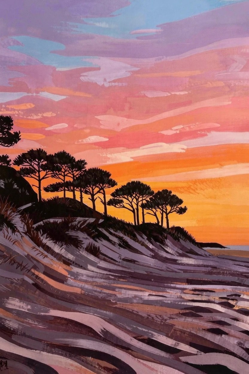 Acrylic painting of dark pine trees on sandy dunes silhouetted against a vibrant purple-to-orange sunset sky over the ocean.