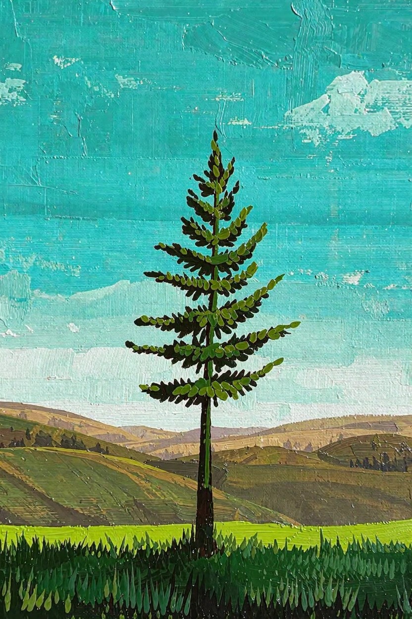 Textured acrylic painting of a central tall green pine tree against a teal sky with clouds over green rolling hills and grass.