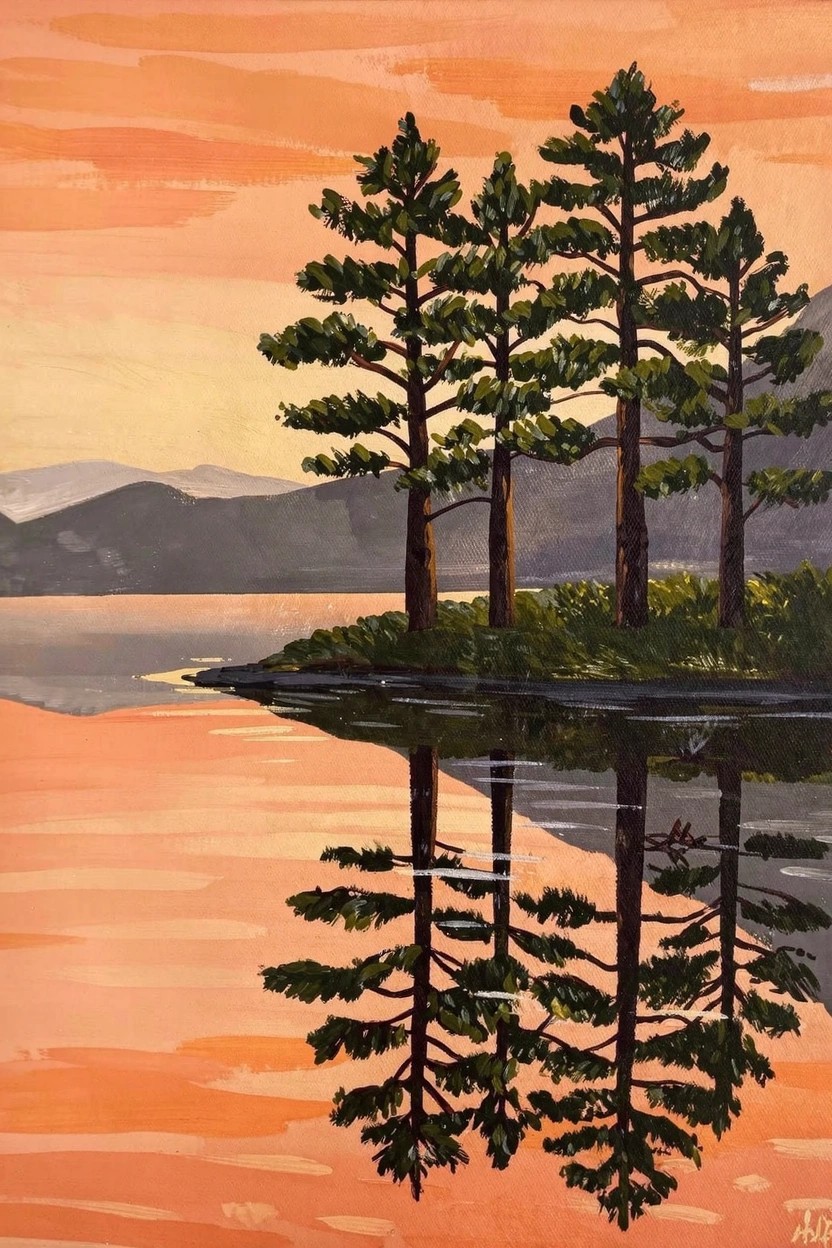Acrylic painting of four pine trees on a small green island beside a lake, reflected in the water under an orange sunset sky with distant mountains.