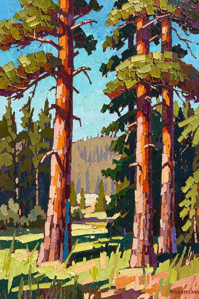 Vertical acrylic painting of two tall pine trees with textured reddish trunks and green foliage against a blue sky, distant mountains, and foreground grass.