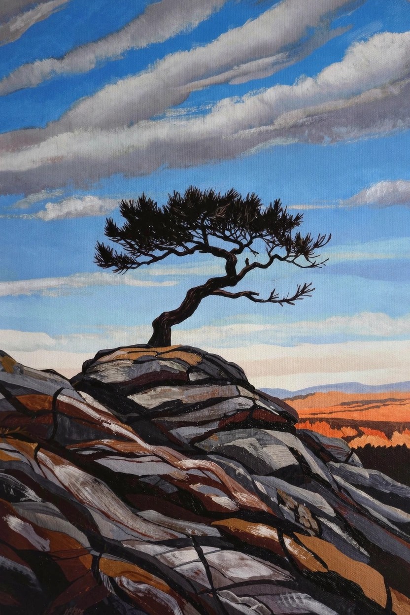 Acrylic painting of a black twisted pine tree on multicolored layered rocks under a blue sky with white swirling clouds and distant orange hills.