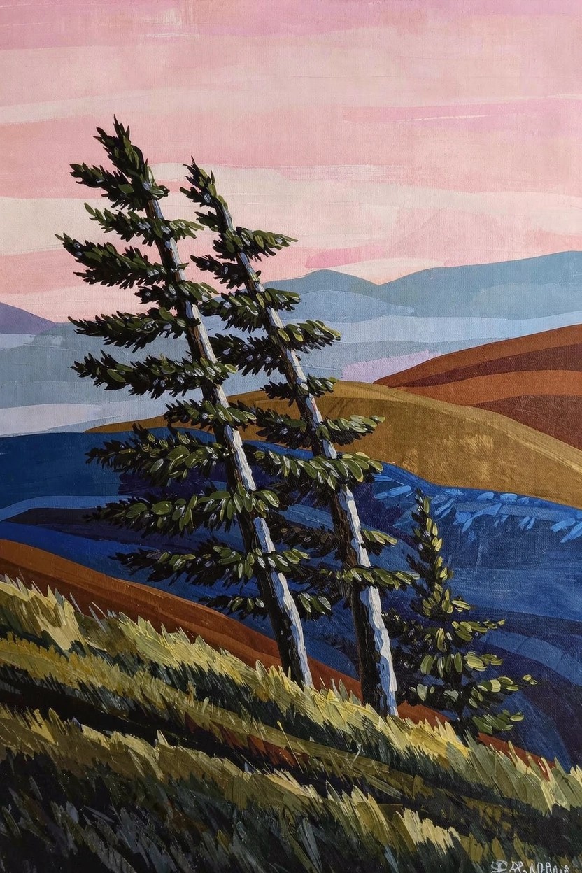 Acrylic painting of two wind-bent green pine trees on grassy hills with layered brown terrain, blue river, distant blue mountains, and pink gradient sky.