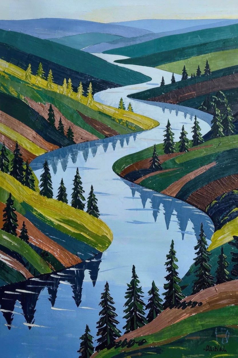 Acrylic painting of a blue winding river through multicolored layered hills with green pine trees and water reflections.
