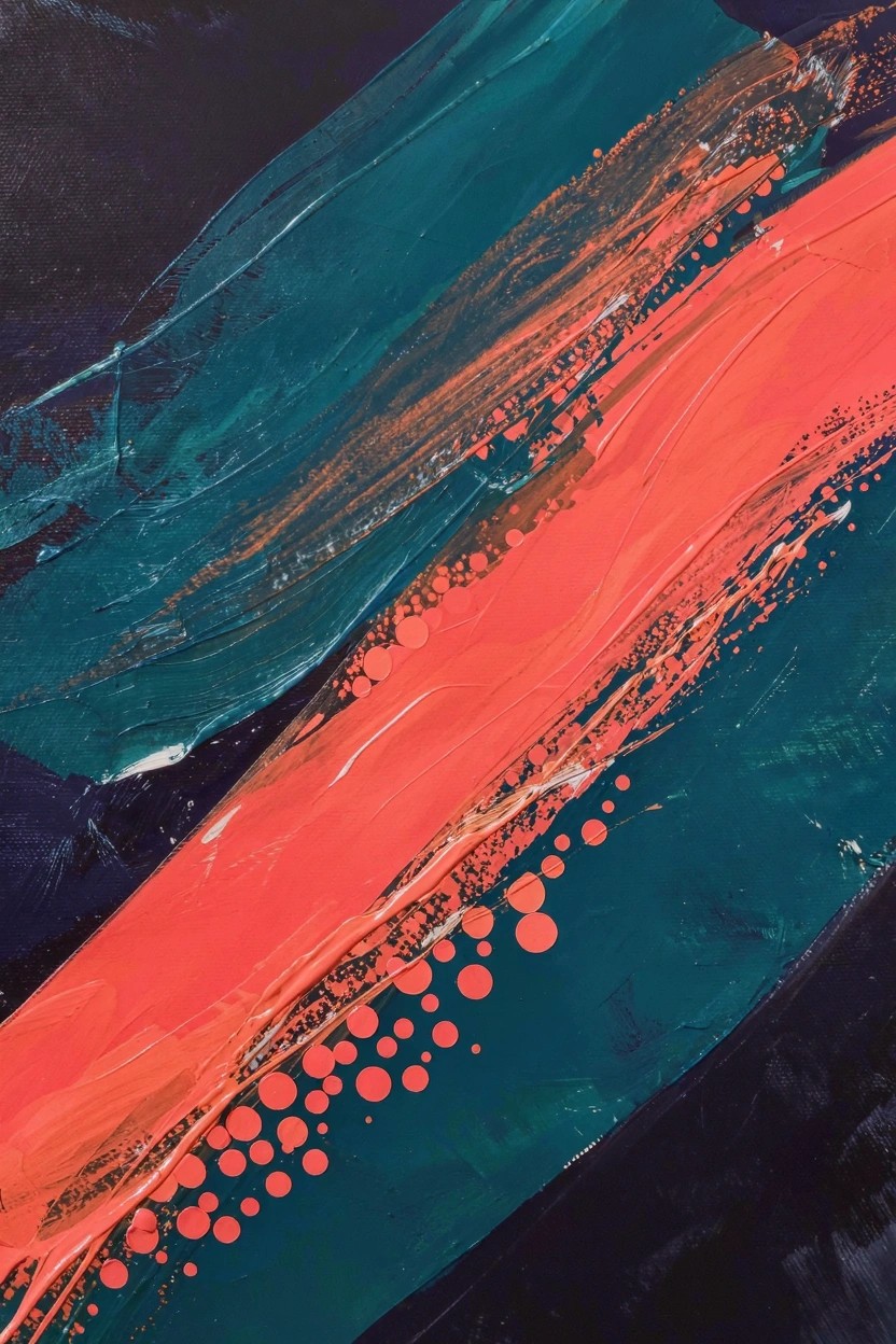 Abstract acrylic painting with diagonal bands of teal, orange-red, navy, and black featuring clustered bubble dots along one edge.