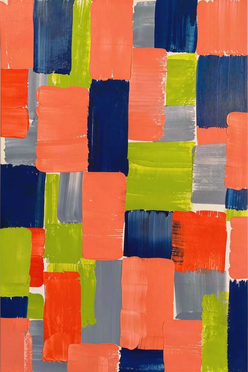 Abstract acrylic painting of interlocking rectangular color blocks in green, pinkish-red, blue, and gray with brushstroke texture.