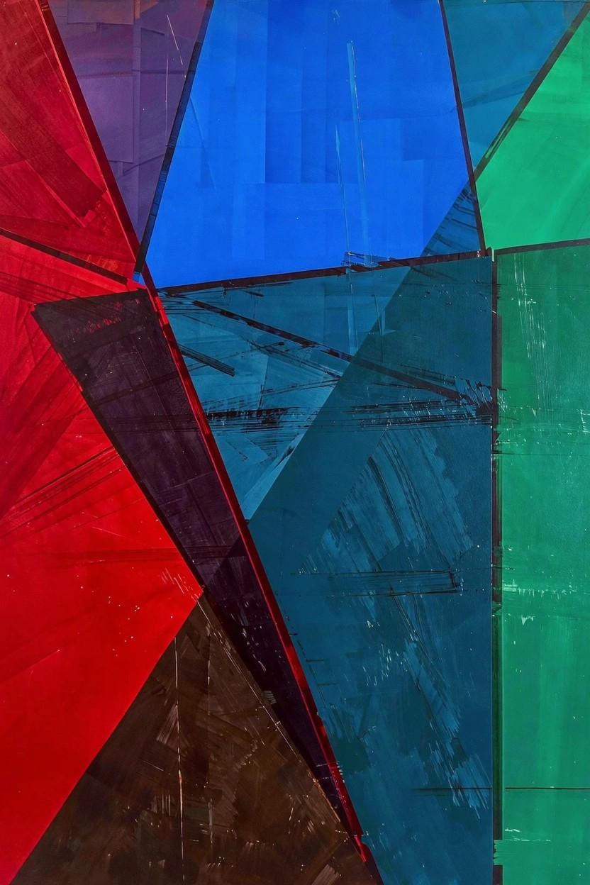 Abstract acrylic painting of overlapping angular triangles in red, purple, blue, green, and brown.