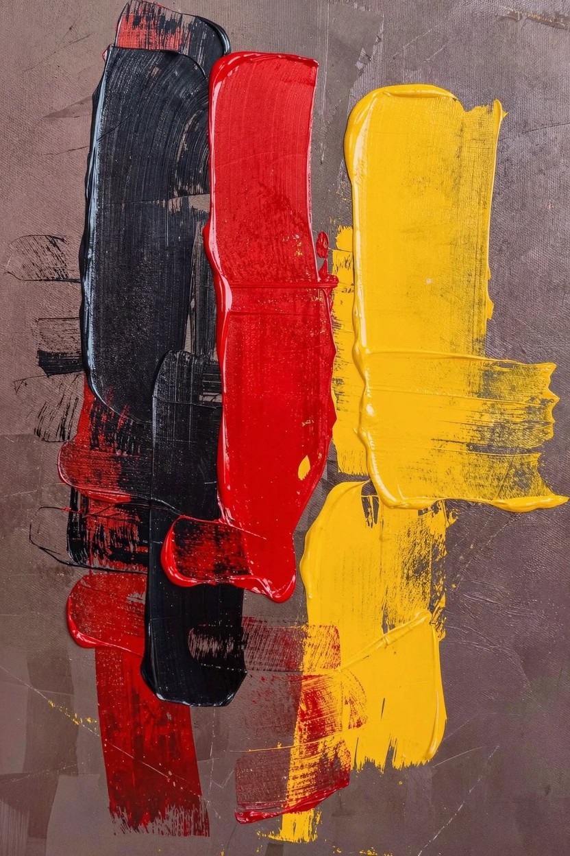 Abstract acrylic painting featuring vertical black, red, and yellow paint strokes layered on a textured gray metallic background.