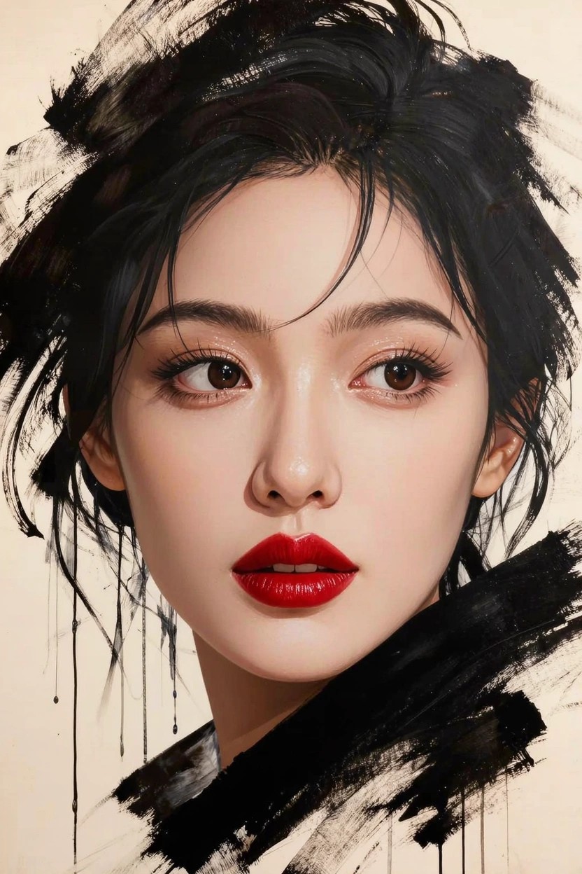 Close-up portrait of an Asian woman with dramatic black hair, red lips, expressive eyes, and surrounding abstract black ink splashes on a beige background.