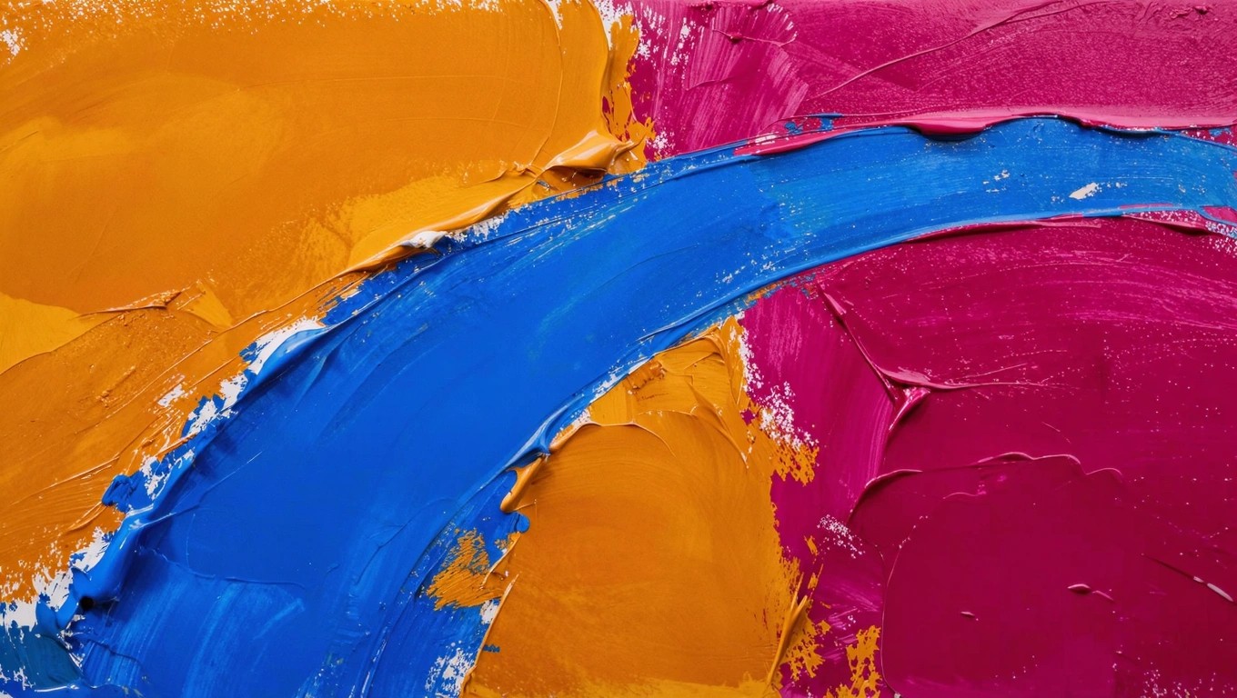 Abstract acrylic painting featuring overlapping rectangular blocks in blue, red, pink, yellow, and purple with textured brushwork.