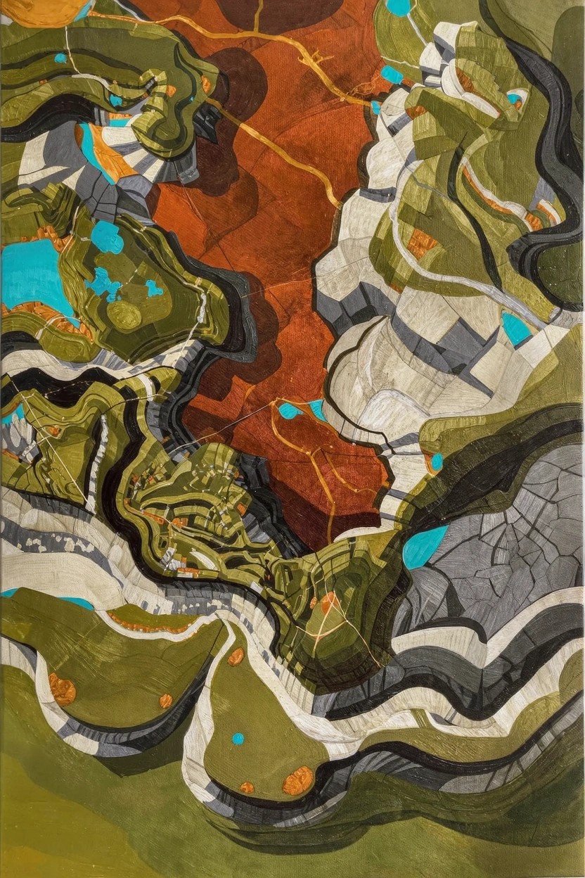 Abstract acrylic painting with layered green, red, gray, and blue shapes suggesting top-down terrain and paths.