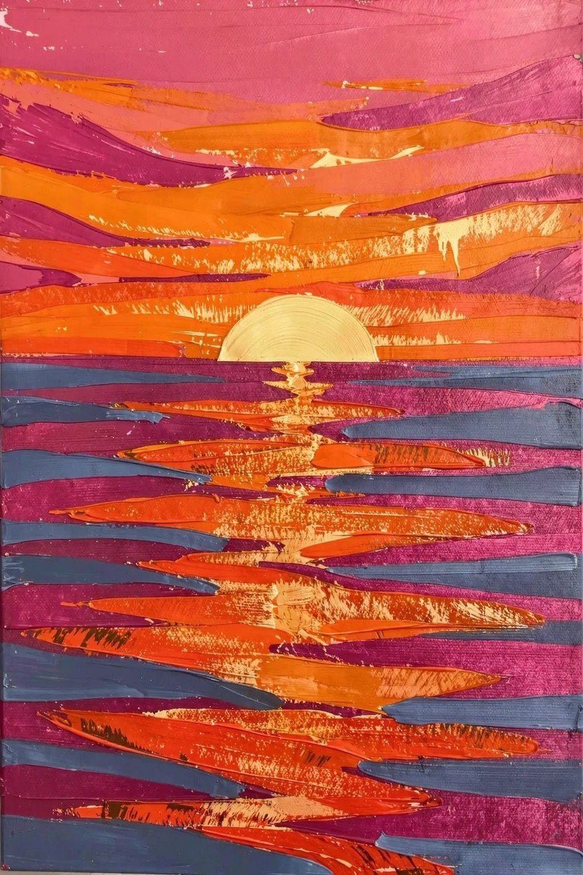 Abstract acrylic painting of a golden sun on a striped horizon over water in pinks, oranges, golds, purples, and blues.