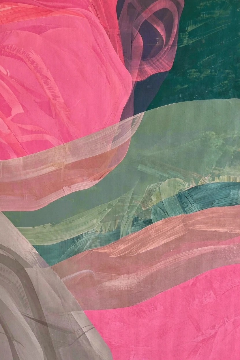 Abstract acrylic painting with overlapping translucent pink rose shapes and wavy green layers.