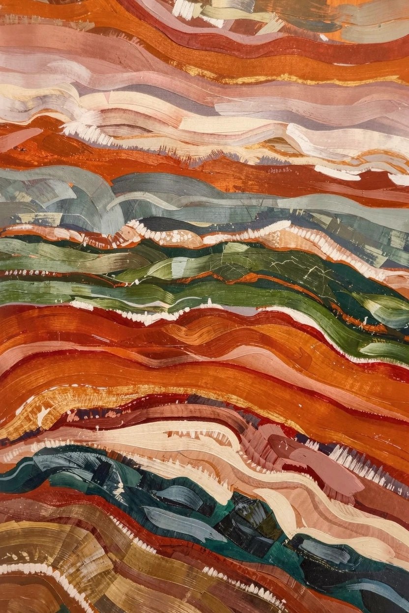 Vertical abstract acrylic painting of overlapping wavy horizontal bands in orange, pink, green, blue, and cream.