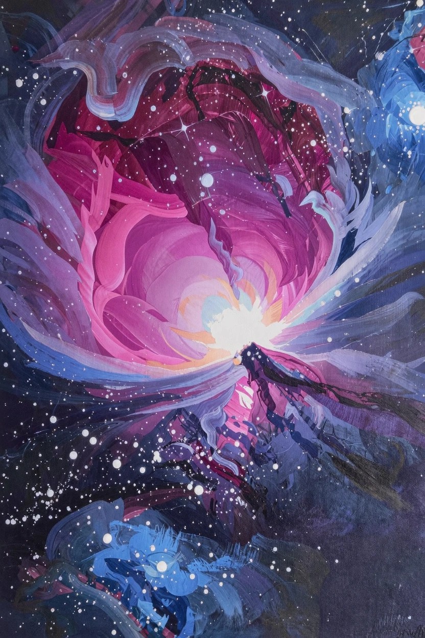 Abstract acrylic painting featuring a glowing pink and purple flower shape exploding into a starry blue and purple galaxy background.