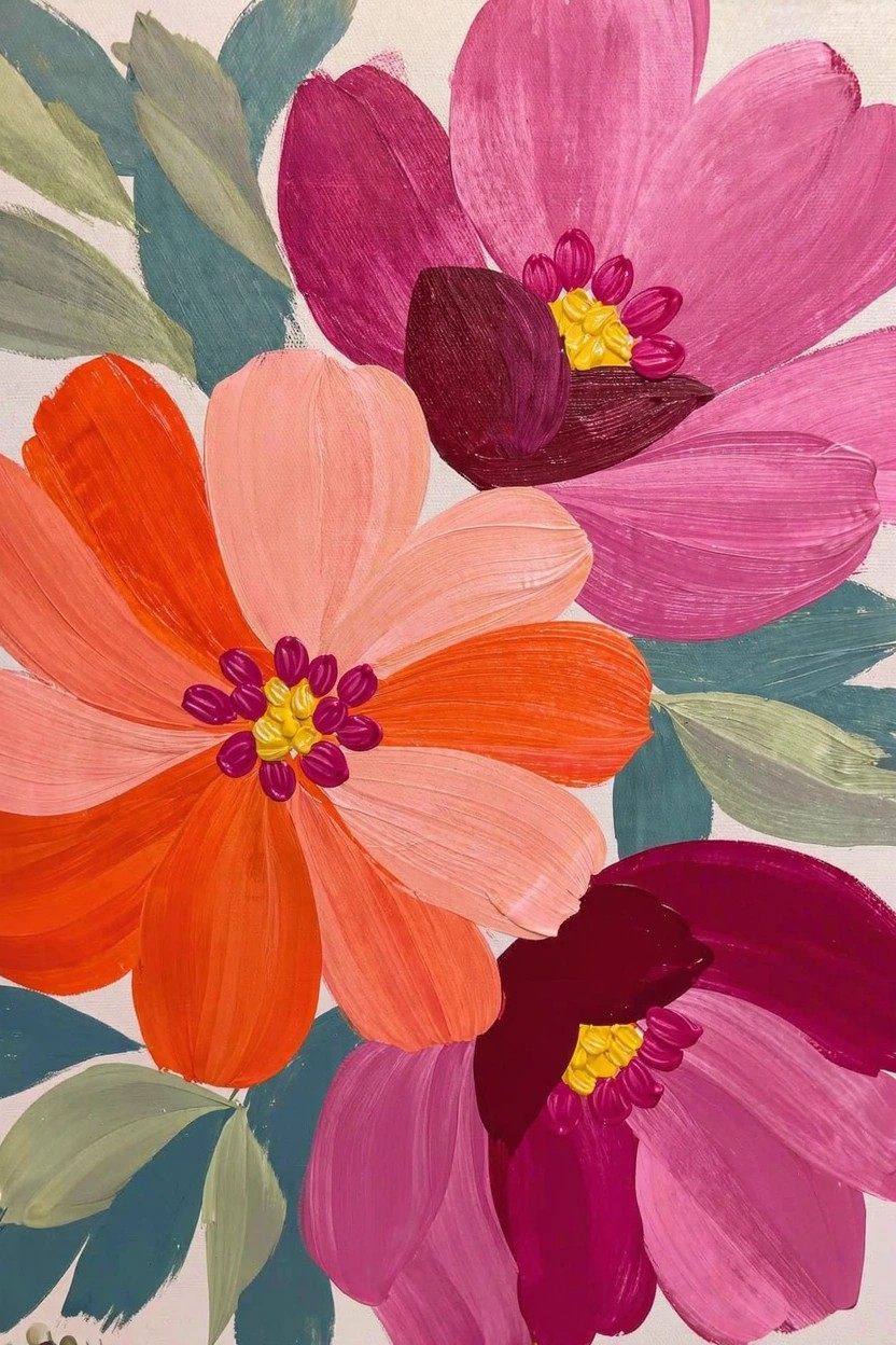 Acrylic painting of overlapping flowers in pink, orange, and magenta with green leaves on a white background.
