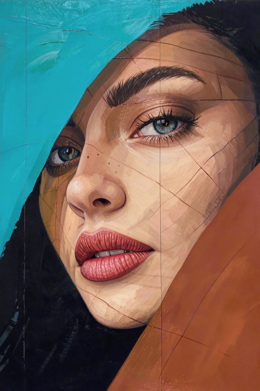 Close-up acrylic portrait of a woman's face emerging from teal fabric with geometric crack lines across her features, blue eyes, and red lips.