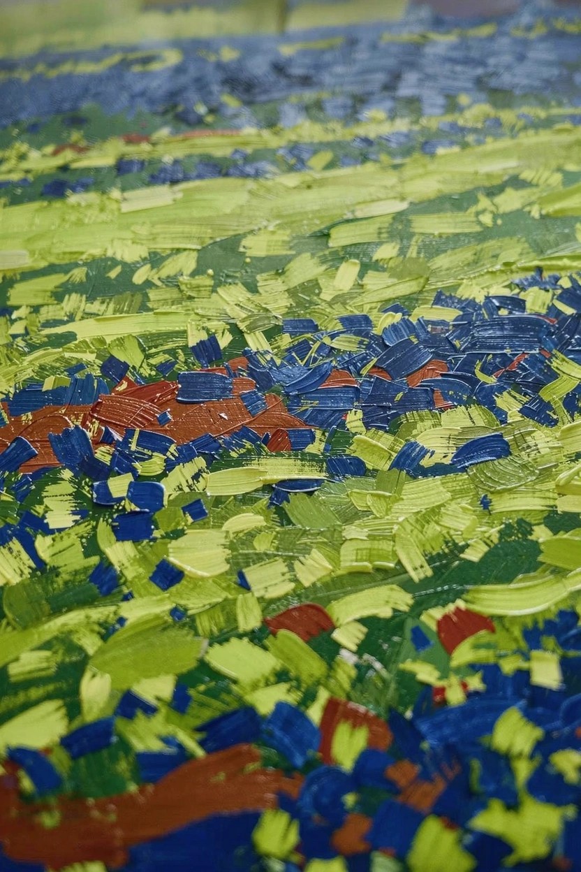 Close-up of an abstract acrylic painting featuring textured, overlapping strokes in green, blue, yellow, and red suggesting fragmented fields.