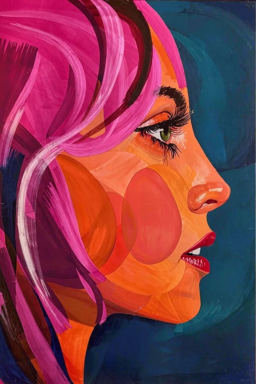 Acrylic painting of a woman's profile with flowing pink hair, orange cheek and lips, green eye, and dark blue background.