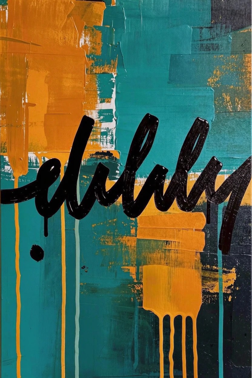 Abstract acrylic painting with black cursive Arabic script centered over layered teal and orange brushstrokes and drips on canvas.