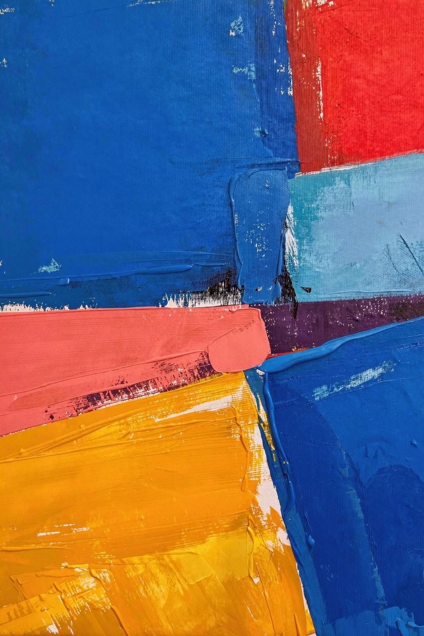 Abstract acrylic painting featuring overlapping rectangular blocks in blue, red, pink, yellow, and purple with textured brushwork.