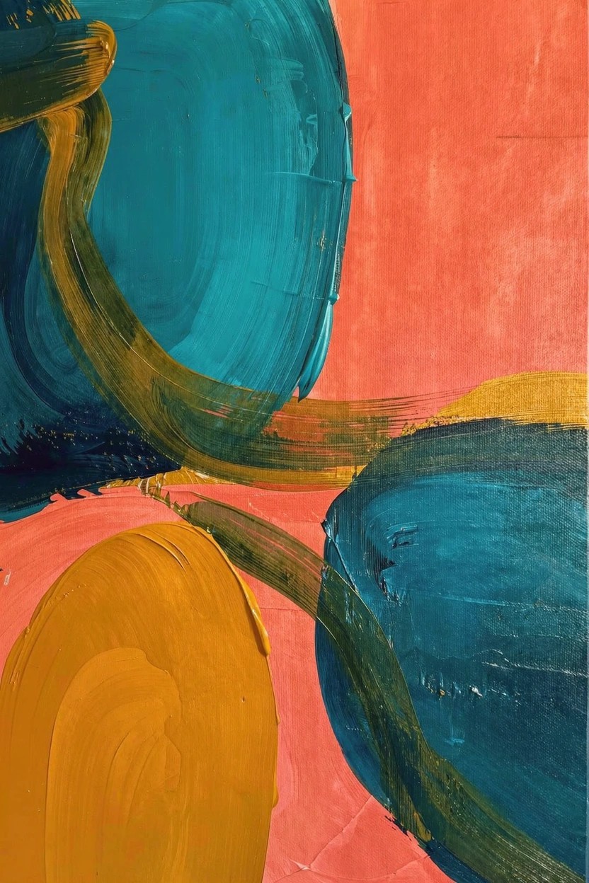 Abstract acrylic painting of overlapping teal and yellow organic blob shapes on a coral orange background with visible brushstrokes.