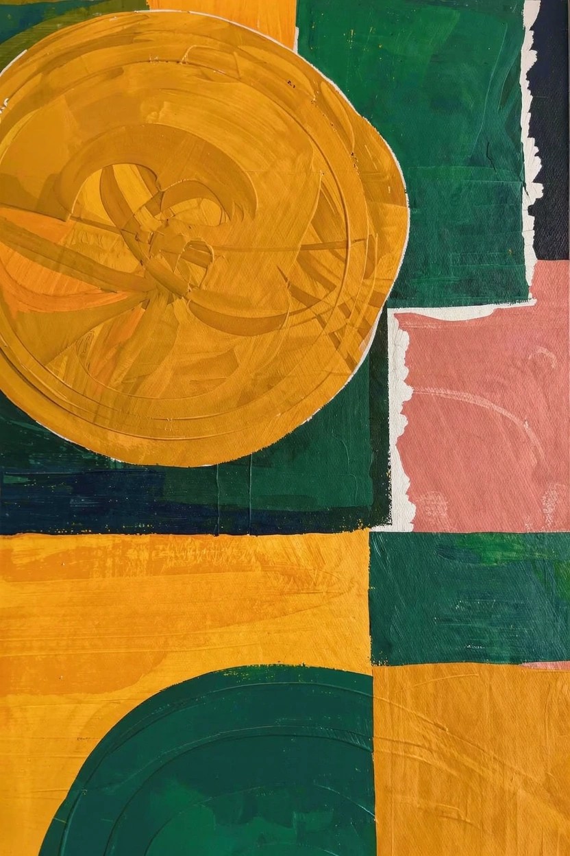 Abstract acrylic painting with a central swirling yellow circle overlapping green rectangles, curved green shapes, pink patches, and torn white edges on a yellow base.