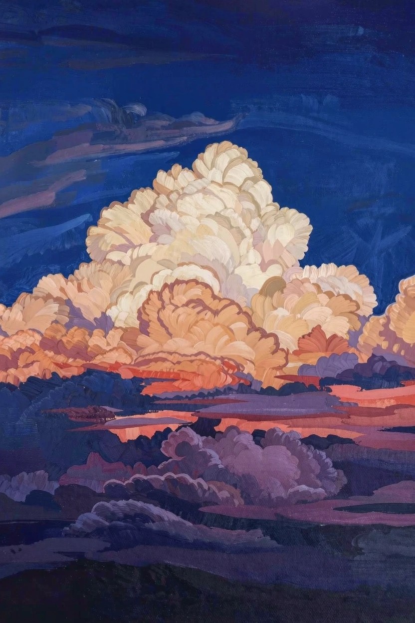 Acrylic painting of massive fluffy white and orange clouds against a deep blue-purple sunset sky with dark ground below.