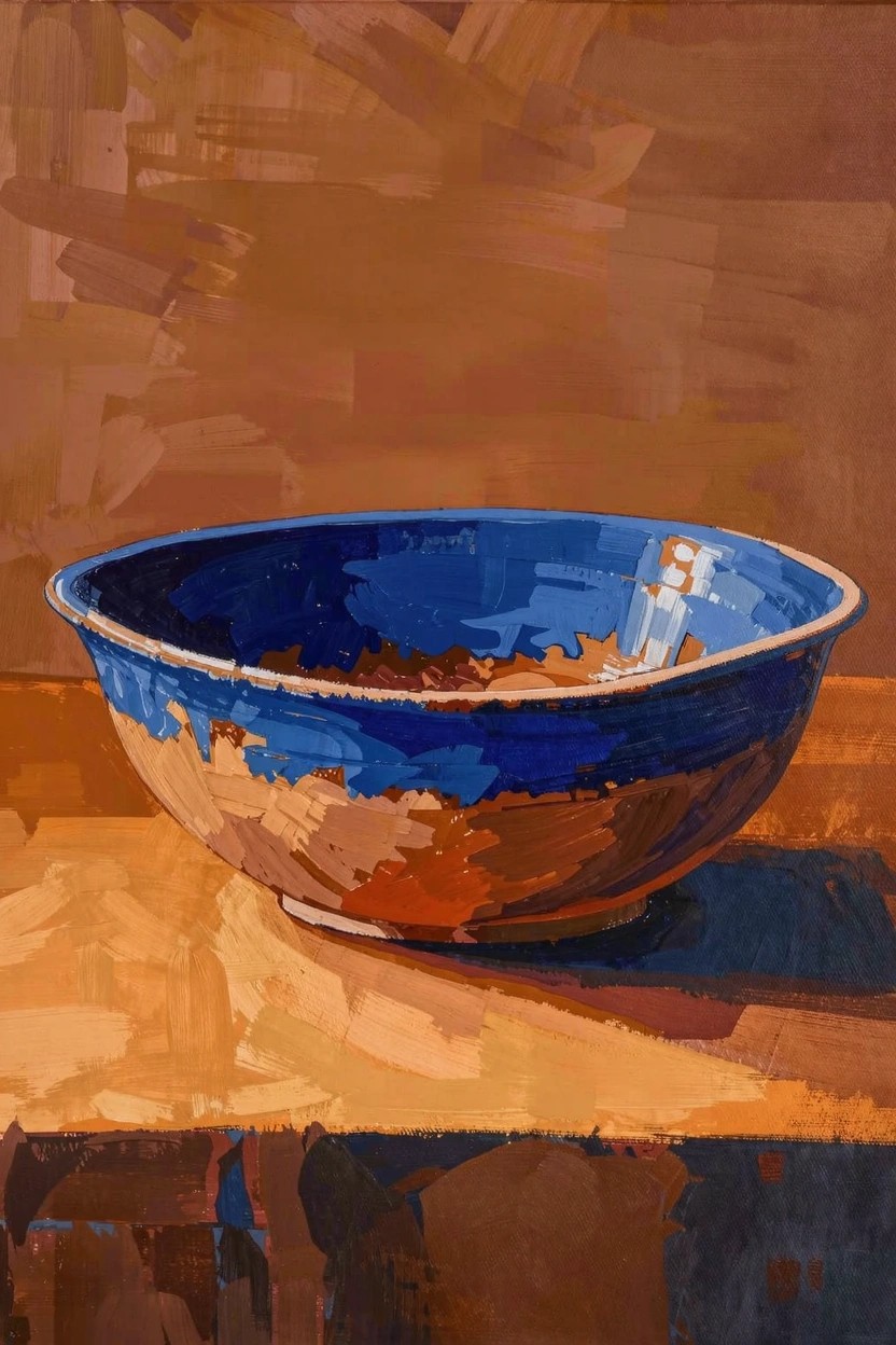 Acrylic painting of a deep blue bowl with orange-brown rim on a textured orange-brown table against a brown background.