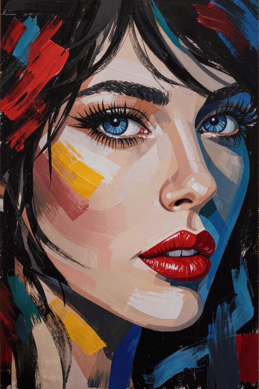 Abstract acrylic portrait of a woman's face with blue eyes, red lips, black hair, and overlapping blocks of red, yellow, blue, and green paint.