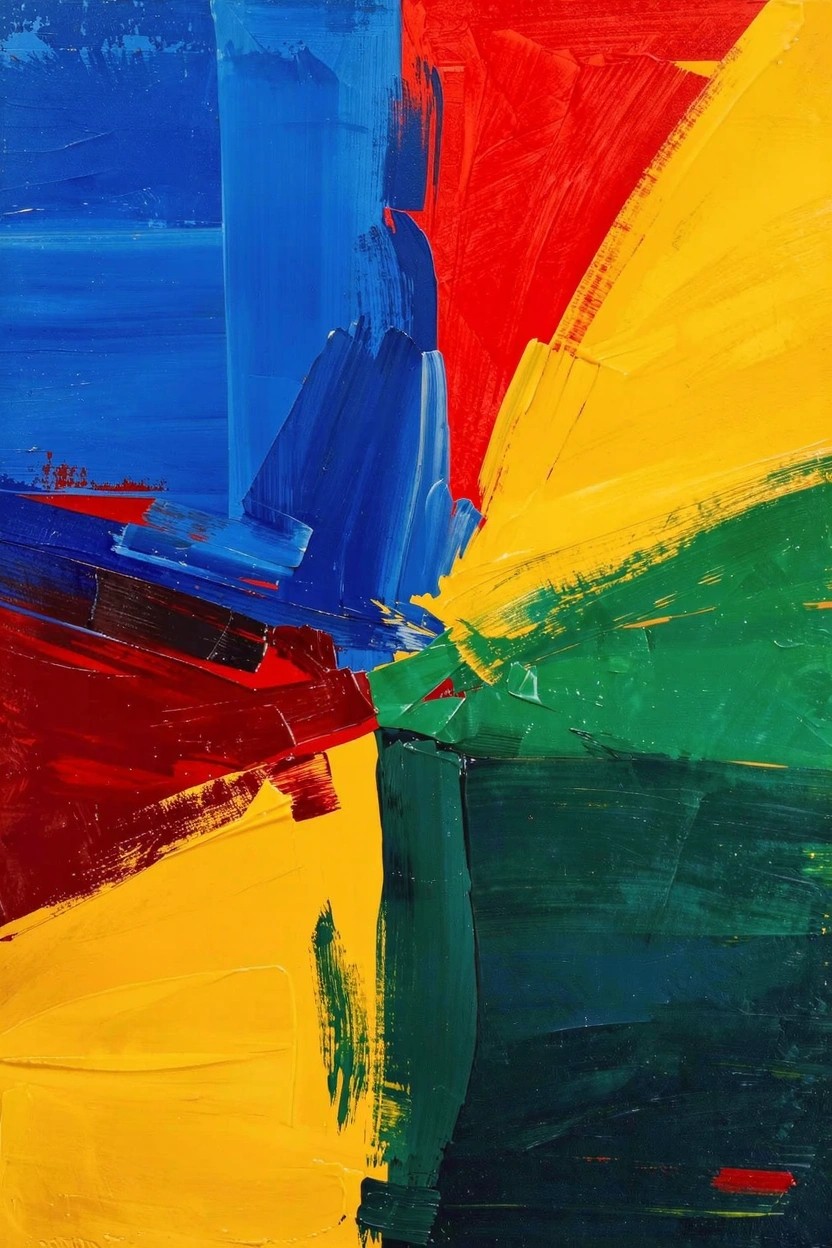Abstract acrylic painting featuring overlapping blocks of blue, red, yellow, and green with visible brushstrokes.
